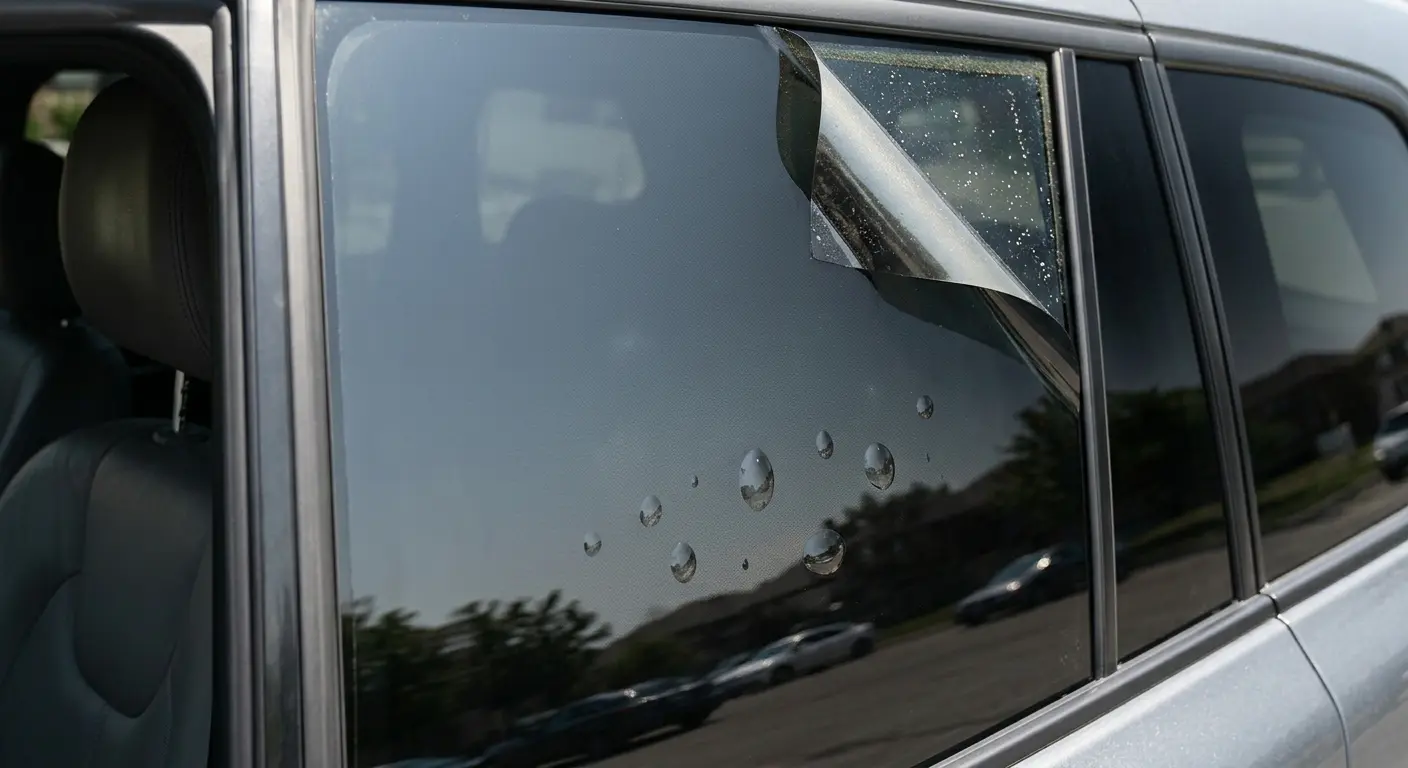When Window Tint Needs Inspection Car window tint showing persistent bubbles and a lifting edge that may require professional inspection
