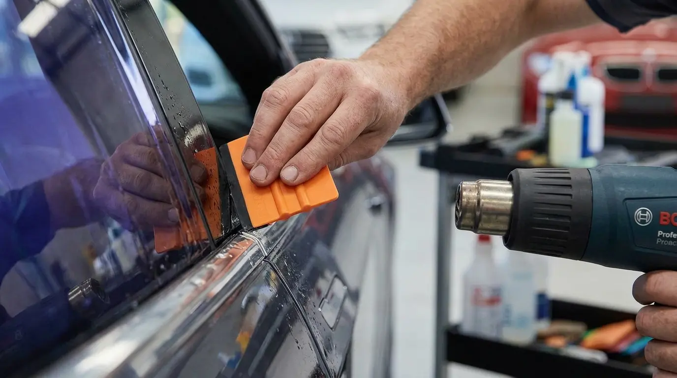 Ceramic Window Tint for Heat Rejection Automotive technician applying heat-rejecting window film to a car side window.