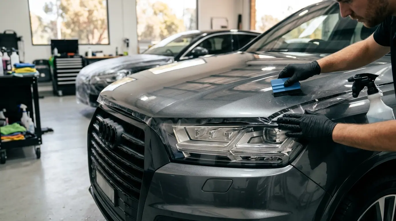 Paint Protection Film for Stone Chip Protection Clear paint protection film being fitted to the front bonnet of a car to help protect the paint from stone chips.
